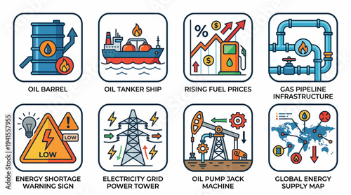 Energy Oil Industry Icons Vector Set – Barrel, Tanker Ship, Rising Fuel Prices, Gas Pipeline, Shortage Warning, Power Tower, Pump Jack, Global Supply Map Vector