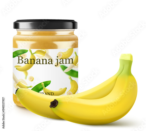 Banana jam in glass jar and fresh banana fruit isolated on white background. Glass of banana marmalade design element. Banana jam jar icon. Realistic 3d vector illustration. Mockup for your brand.