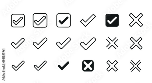 Collection of vector check marks and cross icons in various styles and designs