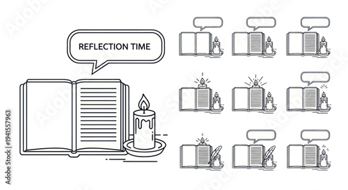 Open book with candle and speech bubble reading Reflection Time in line art style.
