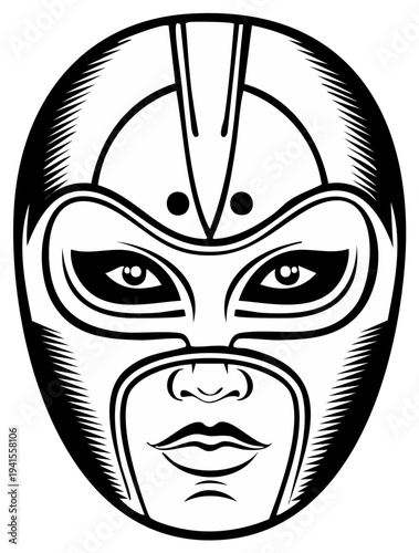 Masked Wrestler Face Vector Portrait: Lucha Libre Design, Intricate Lines, Power and Mystery, Black and White Art