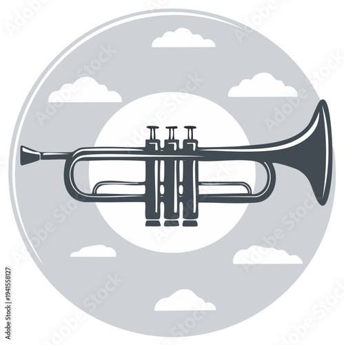 Stylized illustration of a musical instrument trumpet with valves and bell against a cloudy sky backdrop within a circular frame