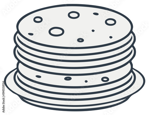 Stack of fresh pancakes on a plate, simple line art style, cartoon breakfast treat