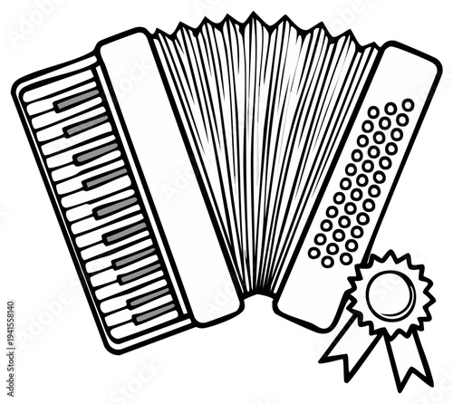 Illustration of a black and white accordion with a ribbon