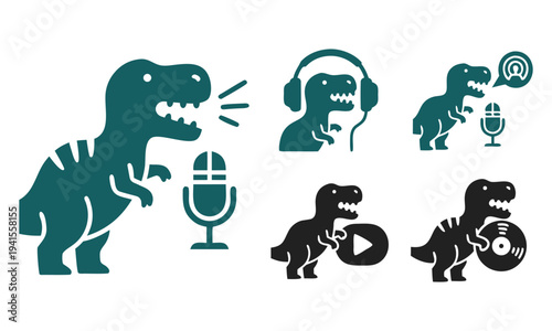 Vector Set of Dinosaurs Engaging in Podcasting Activities on a Clean Background from a Front View