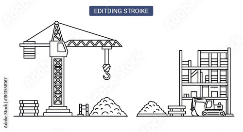 Construction site line art illustration with a tower crane building under construction and heavy machinery.