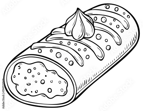 Hand Drawn Outline of a Delicious Swiss Roll Cake with Cream Filling and Icing Swirl