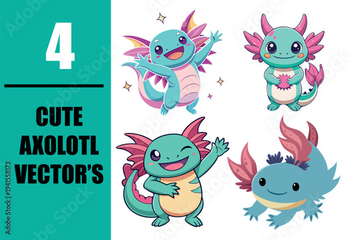 Cute Axolotl Cartoon Characters Set, Kawaii Axolotl Mascot Vector Illustration
