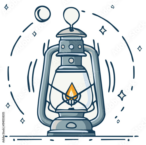 Vintage kerosene lamp with glowing flame illustration