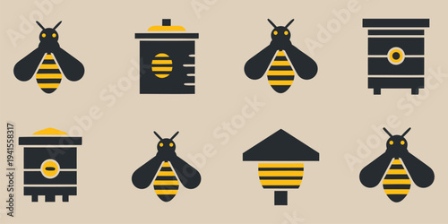 Bee icons in various forms and related objects displayed in a grid layout for illustrative purposes