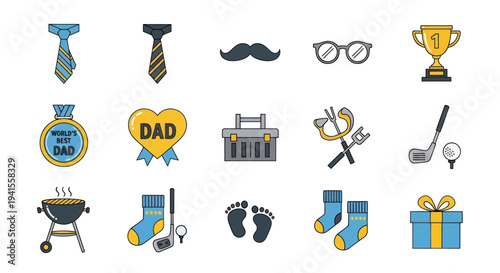 Fathers Day Themed Icons: Ties Trophies and Tools.