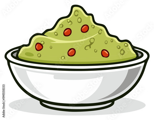 Cartoon bowl of fresh green guacamole with visible chopped red chili peppers