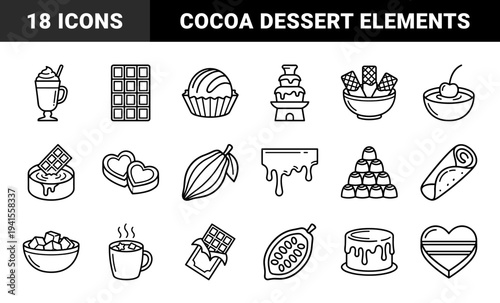 Chocolate confectionery and cocoa processing elements for culinary branding. Bold monoline sweets featuring truffles, bars, syrup, and dessert ingredients.