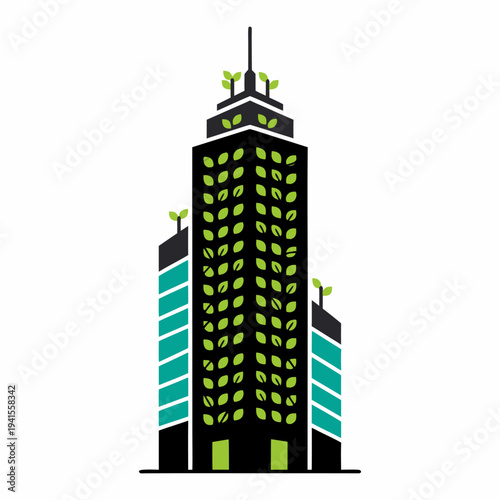 Modern skyscraper with lush vertical farming illustration showcasing urban agriculture and sustainability in a city environment from a front viewpoint
