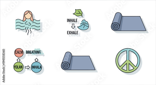 Colorful Wellness and Relaxation Icons: Yoga Breathing Peace and Spa.