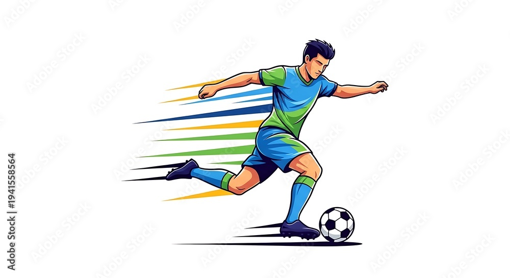 Obraz premium Dynamic soccer player kicking ball with motion lines