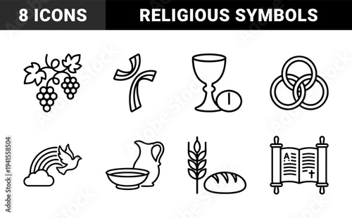 Christian religious symbols and liturgical elements for spiritual branding. Minimalist monoline pictograms featuring eucharist, baptism, and holy spirit concepts.