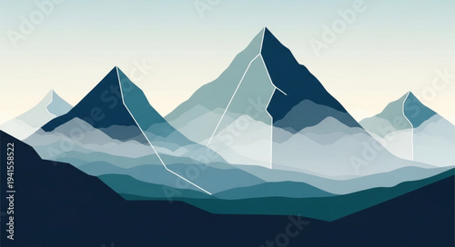 Stylized Mountain Landscape with Snow Peaks and Valleys.