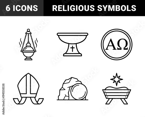 Christian liturgical symbols and religious holiday elements featuring thurible, alpha omega, chalice, miter, manger, and empty tomb in monoline style.