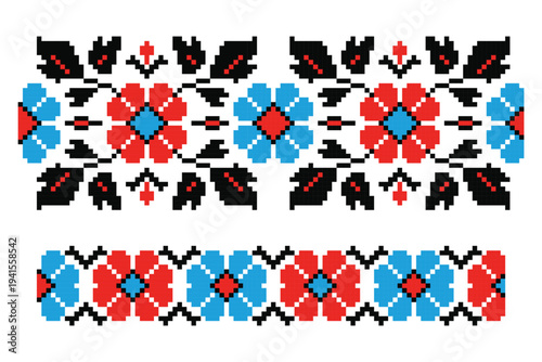 Stylized Ukrainian pixel embroidery motif with red and blue flowers and bold black leaves. Traditional folk floral design ornament set