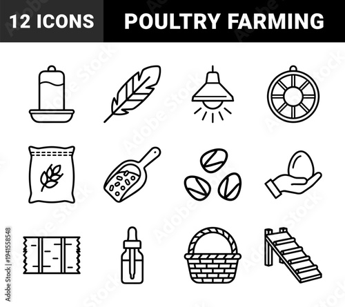 Poultry farming and organic egg production equipment in technical monoline style. Minimalist agriculture pictograms for chicken husbandry and livestock management.