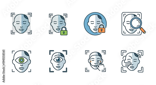 Facial Recognition Biometric Security Icons Set with Face Scan Lock Eye and Fingerprint.