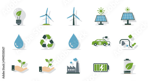 Collection of Flat Icons Representing Renewable Energy and Sustainability Concepts.