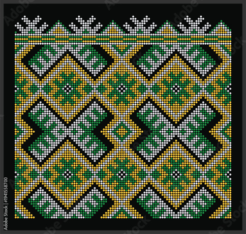 Lviv Ukrainian geometric motifs in yellow and green dotted bead style on black background. Glowing ethnic traditional pattern