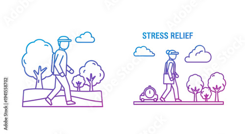 Person Walking in Nature: Stress Relief Concept with Trees and Clouds.