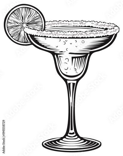 Classic Margarita cocktail with salt rim and lime garnish in a stemmed glass isolated illustration