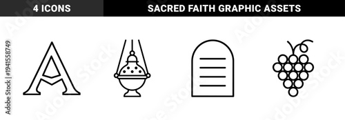 Religious and spiritual ritual symbols featuring a monoline censer, grapes, and stone tablet. Minimalist black and white line art for theological study and historical education.