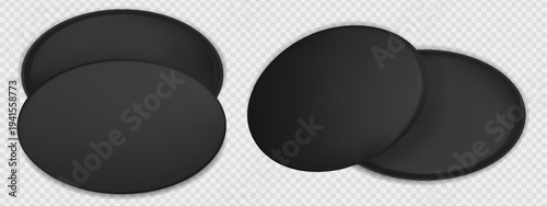 Black round box top view. 3d premium gift mockup. Circular empty package isolated vector. Clear cardboard present above template. Luxury blank makeup cosmetic case packaging concept for Mother Day