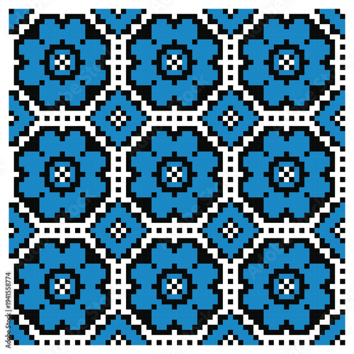 Vector seamless blue pixel tile swatch of traditional Ukrainian vyshyvanka embroidery. Floral motifs in endless repeat