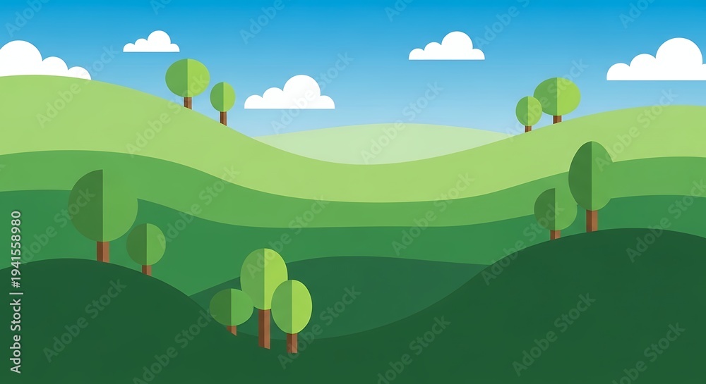 Fototapeta premium Stylized depiction of undulating green hills under a bright blue sky adorned with fluffy white clouds and simple trees
