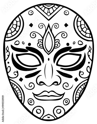 Intricate Tribal Mask Illustration Decorative Ornament Ethnic Art Design Black and White Line Drawing