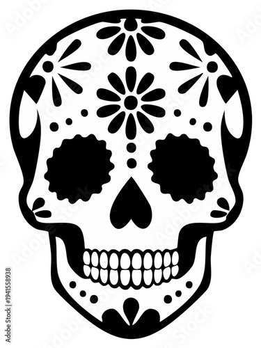 Intricate Black and White Sugar Skull Design for Day of the Dead Celebrations