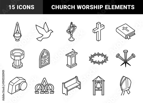 Christian religious symbols and liturgical items for church education. Isometric monolinear line art featuring biblical elements and worship tools.