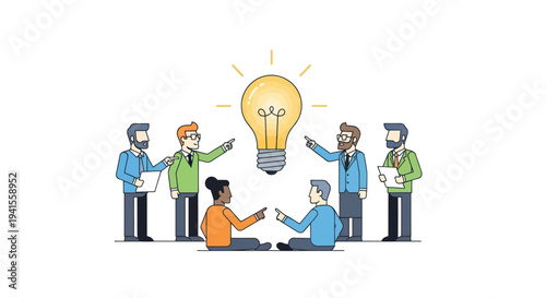 Diverse team collaborating around a bright idea lightbulb.