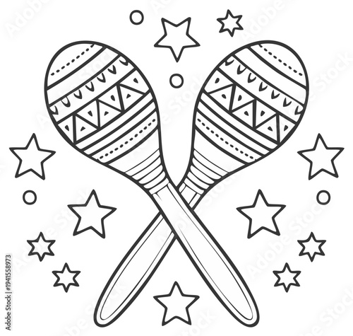 Festive maracas with traditional patterns and stars line art for coloring page