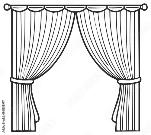 Cartoon drawing of decorative curtains with tiebacks and draped fabric