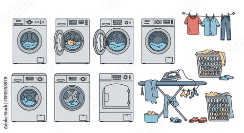 Illustrated Set of Various Washing Machines and Laundry Items.