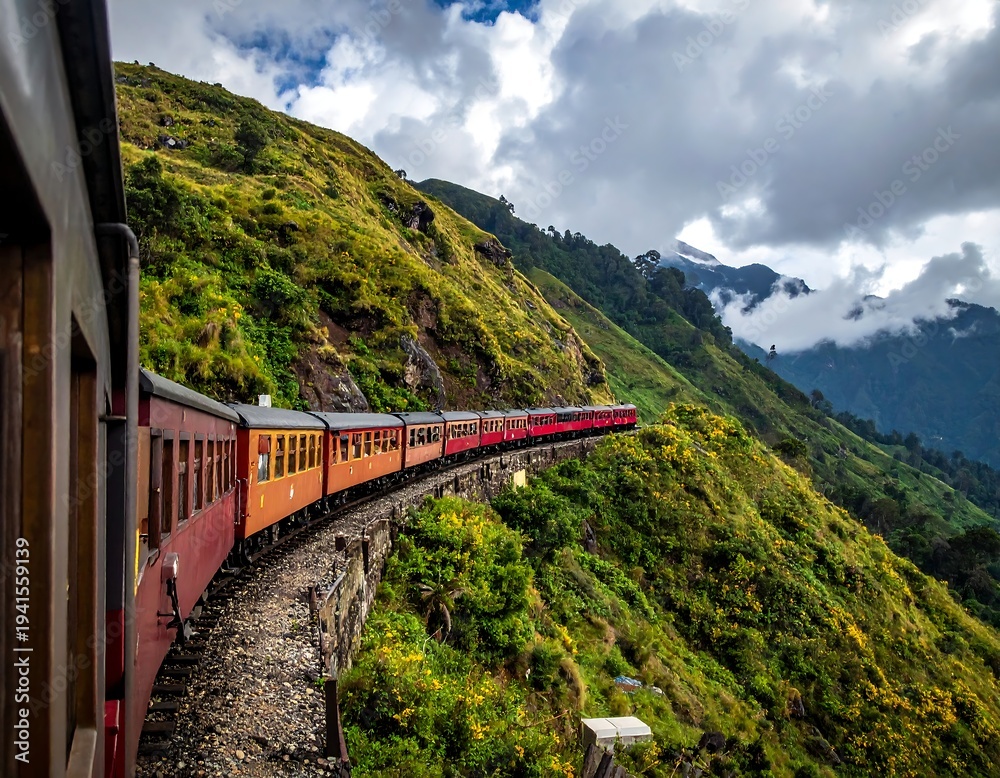 Naklejka premium Train curving through lush, verdant hillside with cloudy mountain backdrop