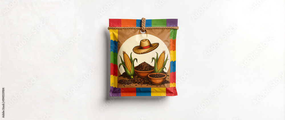 Naklejka premium A colorful bag hanging from a rope on a white wall.