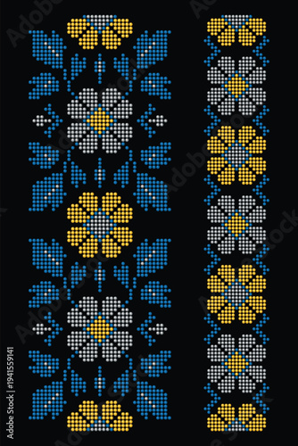 Ukrainian beaded style floral motif set in yellow and blue on black background. Stylized elegant folk flowers and leaves ornament on dark backdrop