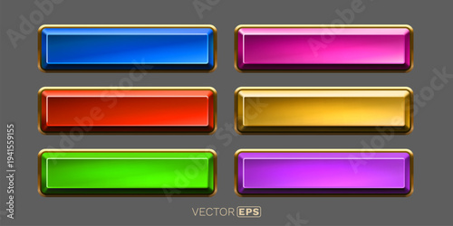 Set of glossy colorful rectangular buttons with golden frames.