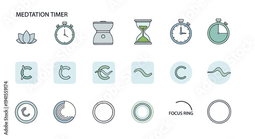 Meditation Timer Icons: Lotus Stopwatch Hourglass and Focus Ring in Minimalist Style.