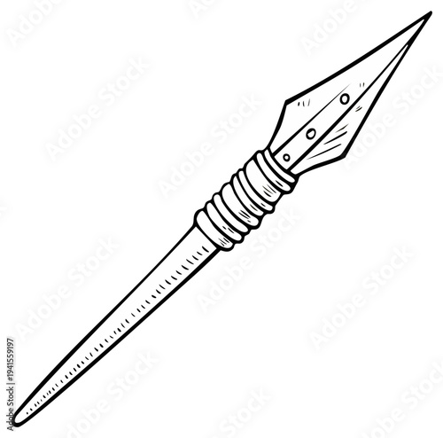 Hand-drawn illustration of a simple spear weapon with a pointed metal head and wooden shaft