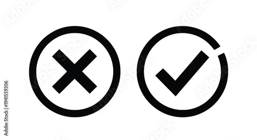 Vector graphic illustration of cross and checkmark symbols in circular frames on white