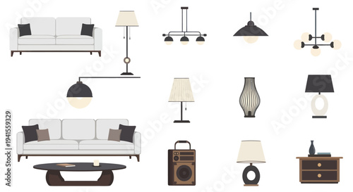 Collection of Illustrated Modern Furniture and Lighting Fixtures.