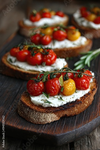 Crostini toasts with roasted cherry tomatoes, farmer's cheese and herbes de Provence